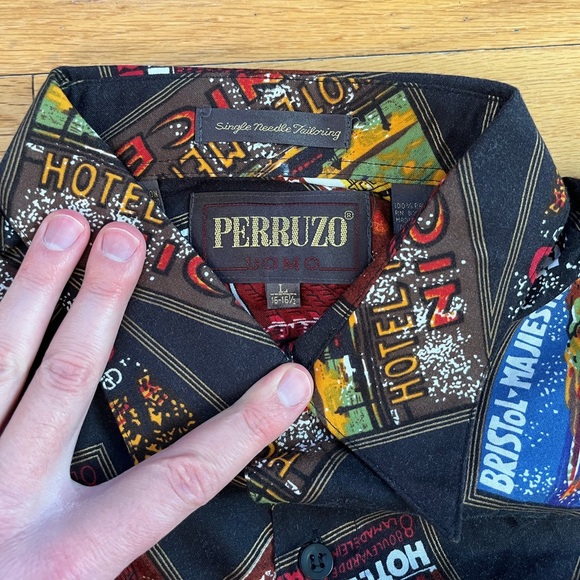 VTG NWOT Perruzo Button Shirt Rayon AOP All Over France Paris Capri Hawaiian 90s - Picture 5 of 9
